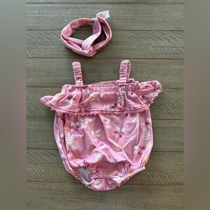 Jessica Simpson Pink Floral Baby Bubble Romper with Headband